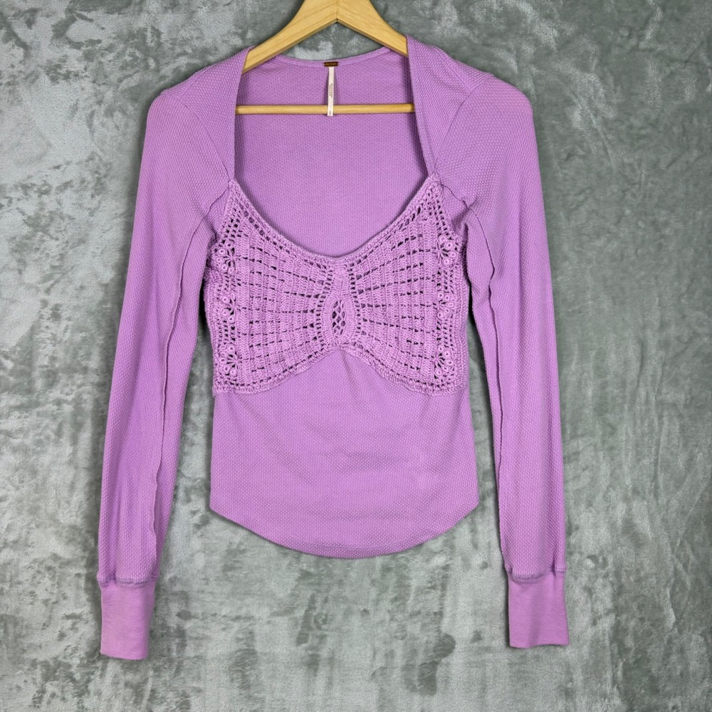Free People Butterfly Dreams Top Purple Crochet Lace Thermal Small Boho Fairy